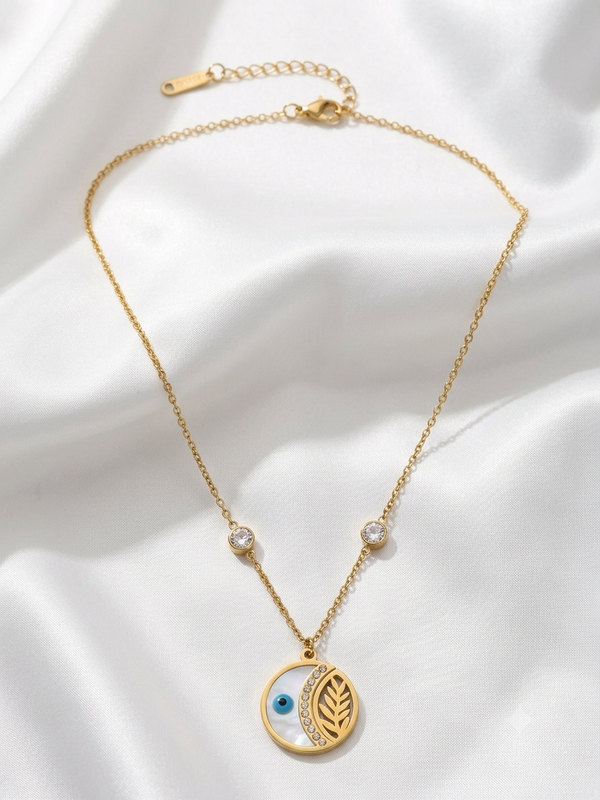 Celestial Olive Leaf & Mother of Pearl Evil Eye Pendant Necklace