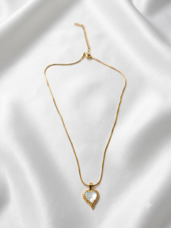 Luminous Mother of Pearl with Textured Outline Heart Pendant Necklace