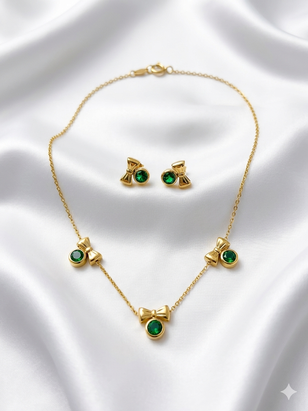 Dainty Bow with Round Emerald Station Necklace and Earrings