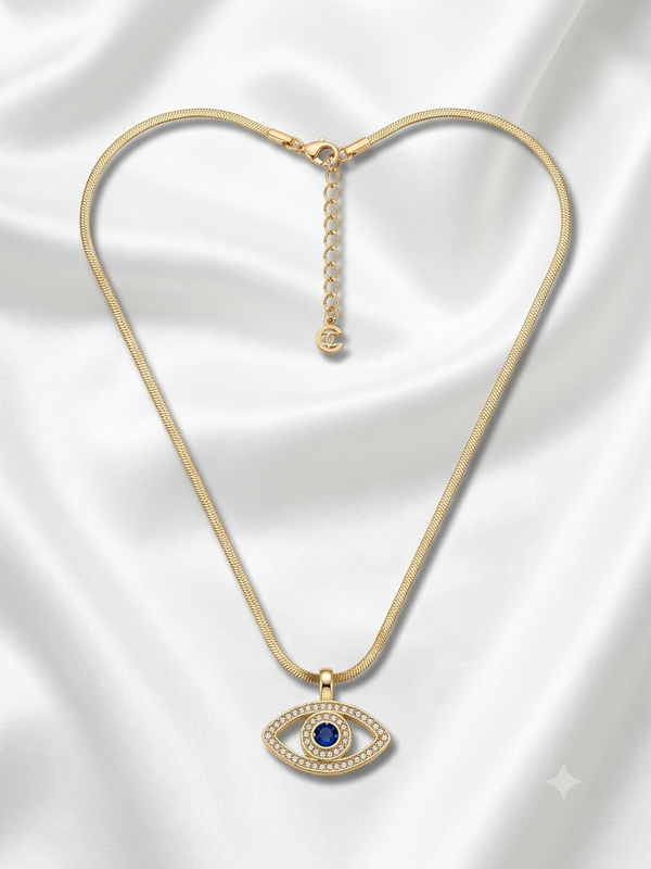 Sapphire Blue Crystal in Evil Eye Pendant with Snack Chain Necklace