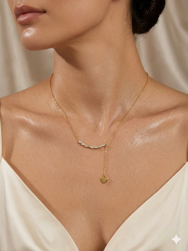 Elegant Triangle Crystal Accents with Heart Charm Necklace