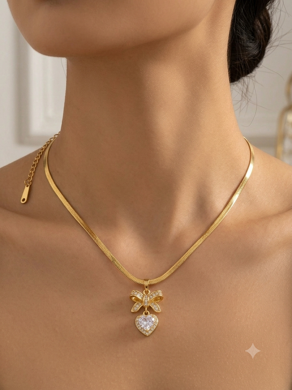 Bow and Solitaire Crystal Heart Pendant Snack Chain Necklace