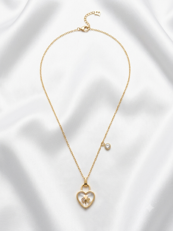 Clover Inside Lucky Heart Pendant Charm Necklace
