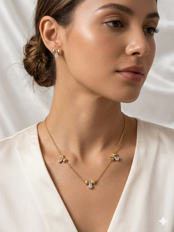 Dainty Bow with Oval Crystal Stone Station Necklace with Earrings