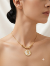 Rose in Enamel Round Pendant with Bead Detail Necklace