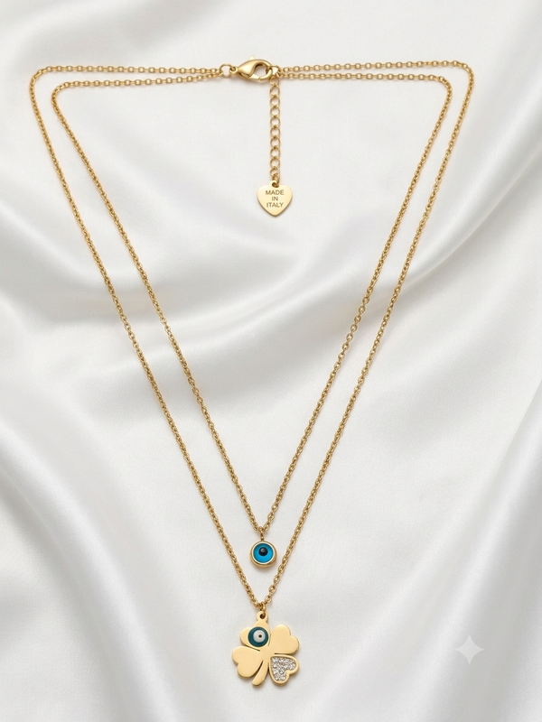 Layered Clover and Evil Eye Pendant Necklace – Double Chain Lucky Charm