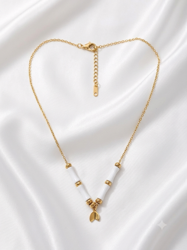 White Enamel Bead and Straw Charm Necklace