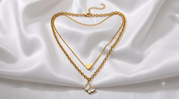 Double Layered Sweetheart and Butterfly Pendant Necklace