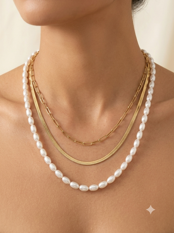 Athena Triple-Layered,Gold Snake Chain, Paperclip Chain & Oval Pearl Necklace