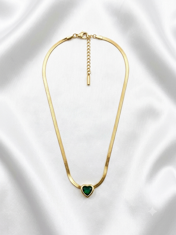 Emerald Heart Herringbone Chain Necklace