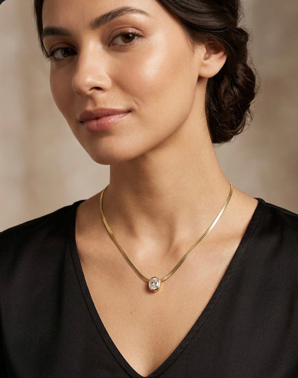 Golden Herringbone Oval-Cut Solitaire Crystal Pendant Necklace