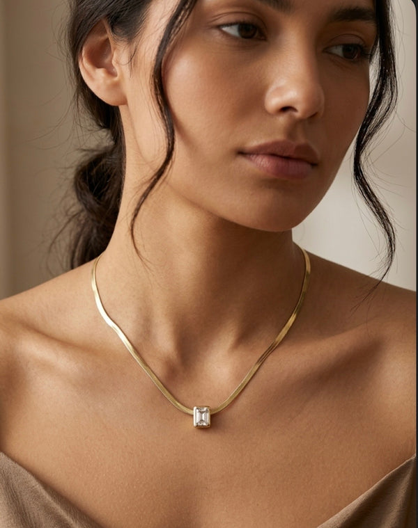 Golden Herringbone Rectangular-Cut Solitaire Crystal Pendant Necklace