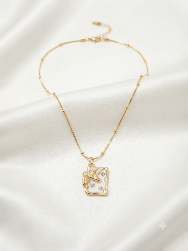 Enamel Butterfly Rectangular Pendant with Beaded Chain Necklace