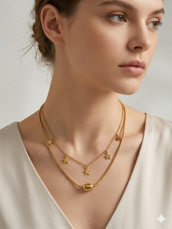 Celestial Layered with Star Charms Chain and Bead Pendant Chain Necklace