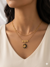 Golden Flower with Black Enamel Half Moon Layered Pendant Necklace