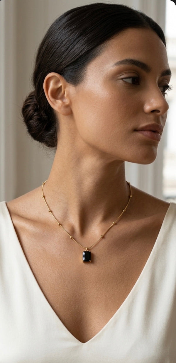 Midnight Square Pendant on Beaded Satellite Chain Necklace