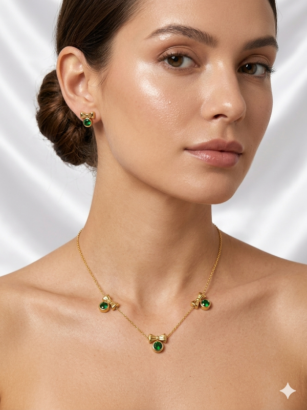Dainty Bow with Round Emerald Station Necklace and Earrings