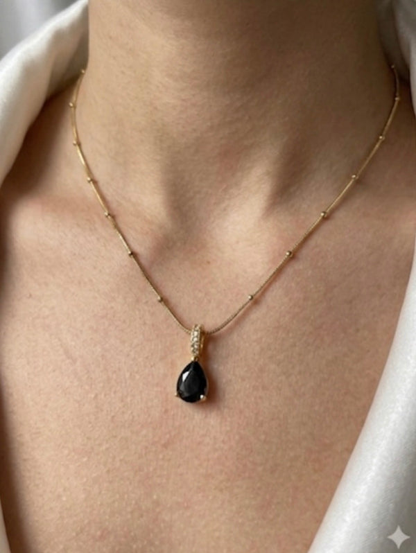 Midnight Teardrop Pendant on Beaded Satellite Chain Necklace