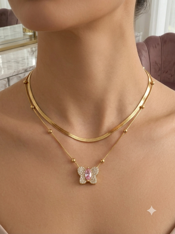 Pink Sapphire-Inspired Crystal Butterfly Pendant & Snake Chain Layered Necklace