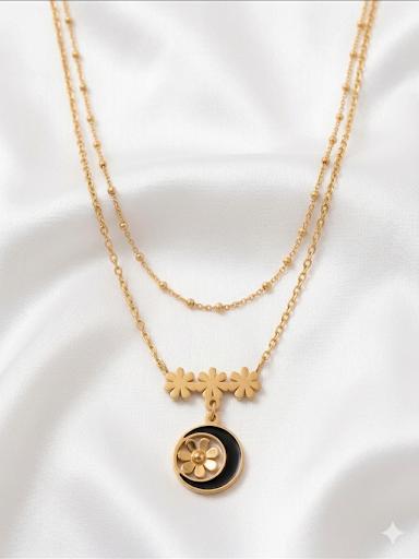 Golden Flower with Black Enamel Half Moon Layered Pendant Necklace