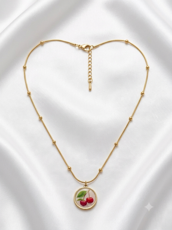 Enamel Cherry Pendant with Beaded Chain Necklace
