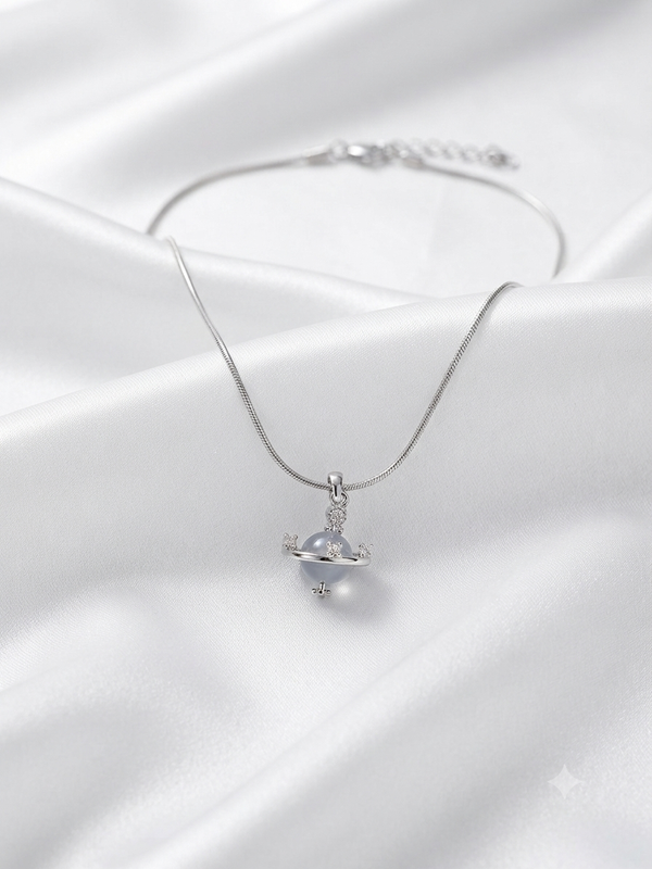 Celestial Planet Crystal Pendant Necklace in Sterling Silver