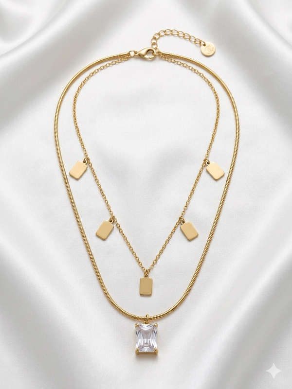Ethereal Layered Rectangular Charm Chain with Emerald Cut Crystal Pendant Necklace