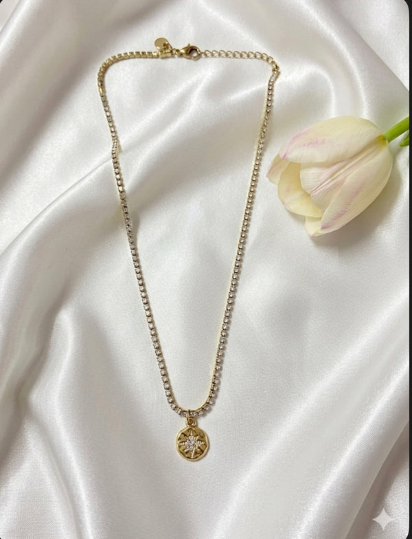 Starburst Coin Pendant with Tennis Chain Necklace