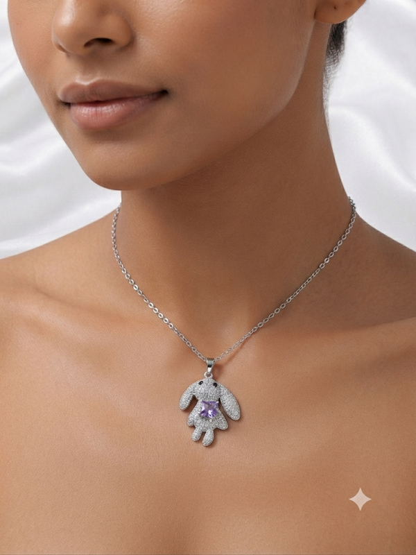 Playful Crystal Rabbit Pendant Necklace with Amethyst-Tone Gem