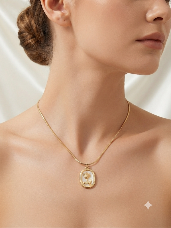 Rose in Enamel Soft Square Pendant Necklace