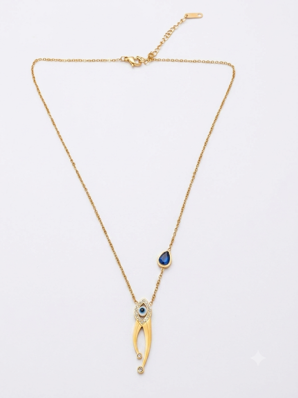 Lyra Evil Eye Necklace – Gold Abstract Tassel with Sapphire Blue Teardrop Charm