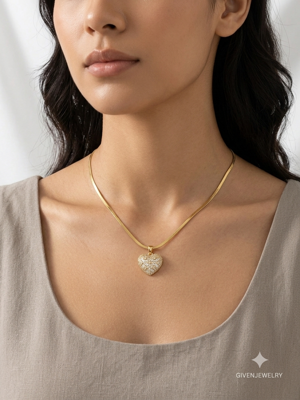 Rectangular and Round Crystal in Pave Heart Pendant Snack Chain Necklace