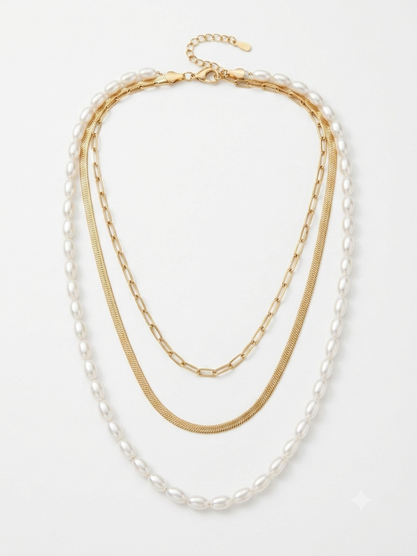 Athena Triple-Layered,Gold Snake Chain, Paperclip Chain & Oval Pearl Necklace